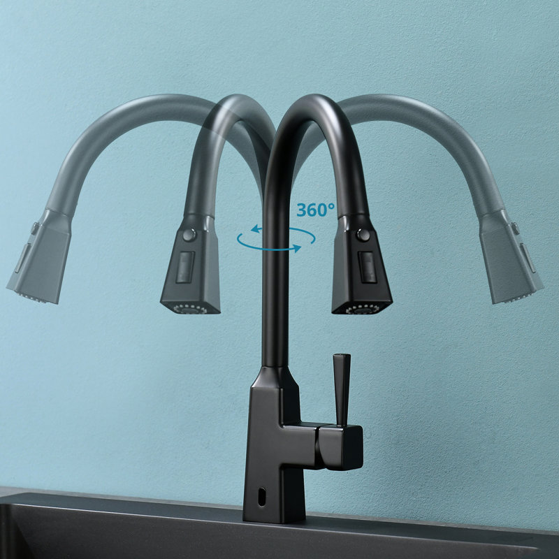 Robinet de cuisine sans contact - Automatique et intelligent avec douchette extractible, élégant en laiton noir et garniture en céramique. Activation par capteur de mouvement pour une utilisation simple et rapide.