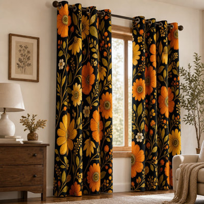2Pcs Vintage Floral Sun Blocking Curtains, Retro Botanical Print Grommet, Decorative Art Nouveau Bloom for Living Room Bedroom for Home Dector