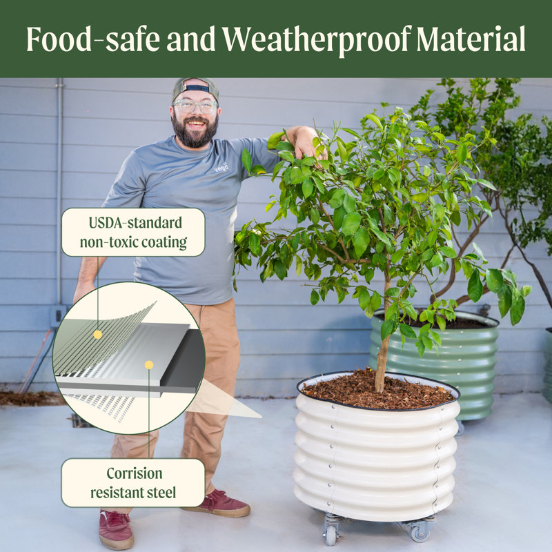 17.5" Tall 21" Wide Round Metal Outdoor Rolling Tree Planter, Modern Gray, 2