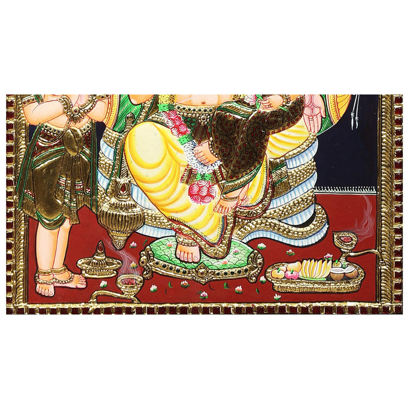 Lakshmi Narasimha avec Bhakta Prahlad Tanjore | Couleurs traditionnelles avec or 24 carats | Structure en bois de teck