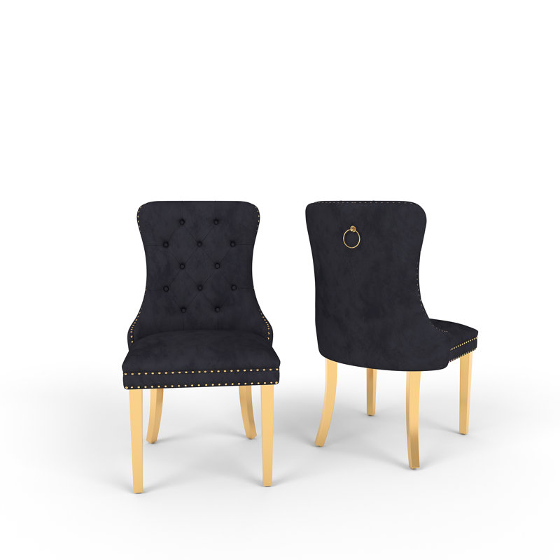 Tufted Velvet Upholstered Wingback  Dining Chair, Black, Gold