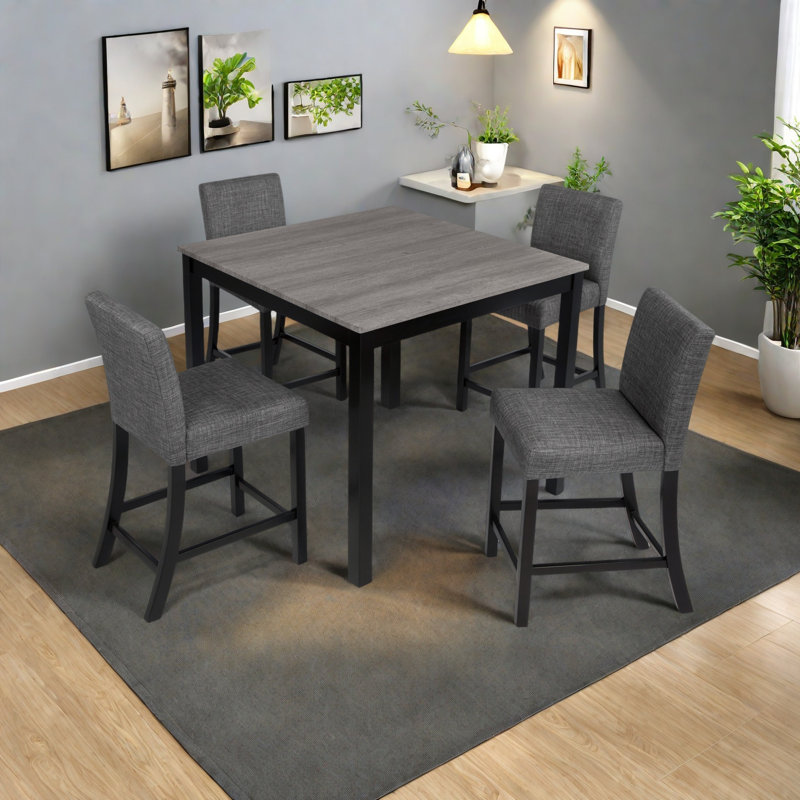 Ensemble de table 5 pièces à hauteur de comptoir avec 4 chaises, ensemble de table à hauteur de comptoir pour 4 avec chaises, ensemble de table à hauteur de comptoir en bois pour la cuisine, la salle à manger, gris clair et noir deux tons
