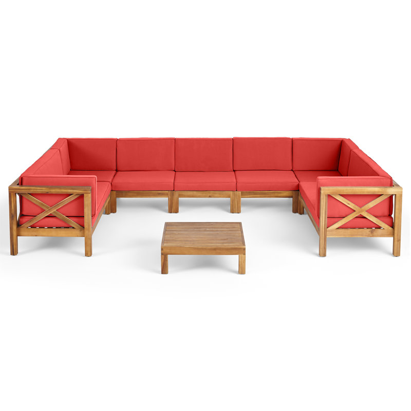 Acacia 7 - Person Modular Patio Conversation Set with Cushions, Teak Frame / Red Cushion