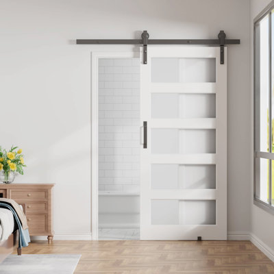 30'' X 84''H 5 Lite Tempered Frosted Glass Interior Sliding Barn Door With Hardware Kit Scratch Water Proof PVC Surface