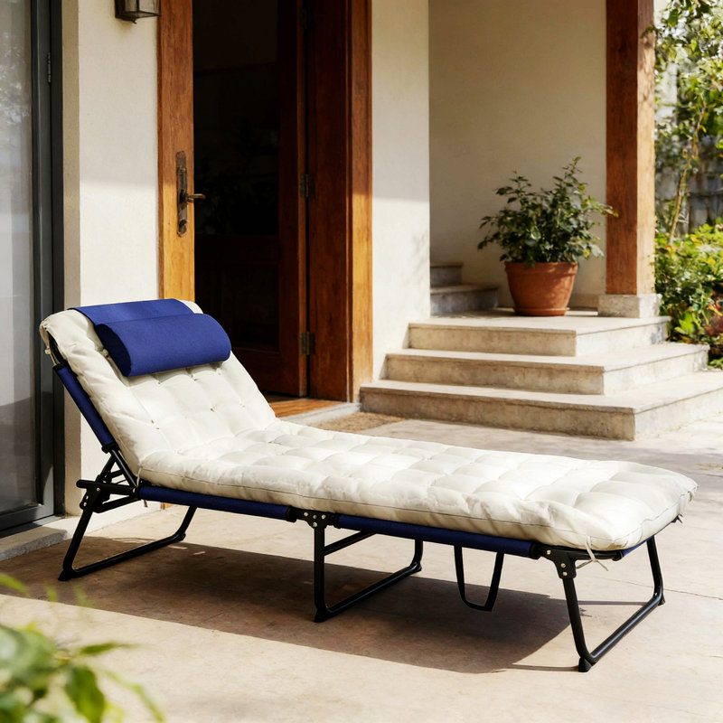Chaise longue d'extérieur, chaise longue pliante, Bleu marine / blanc