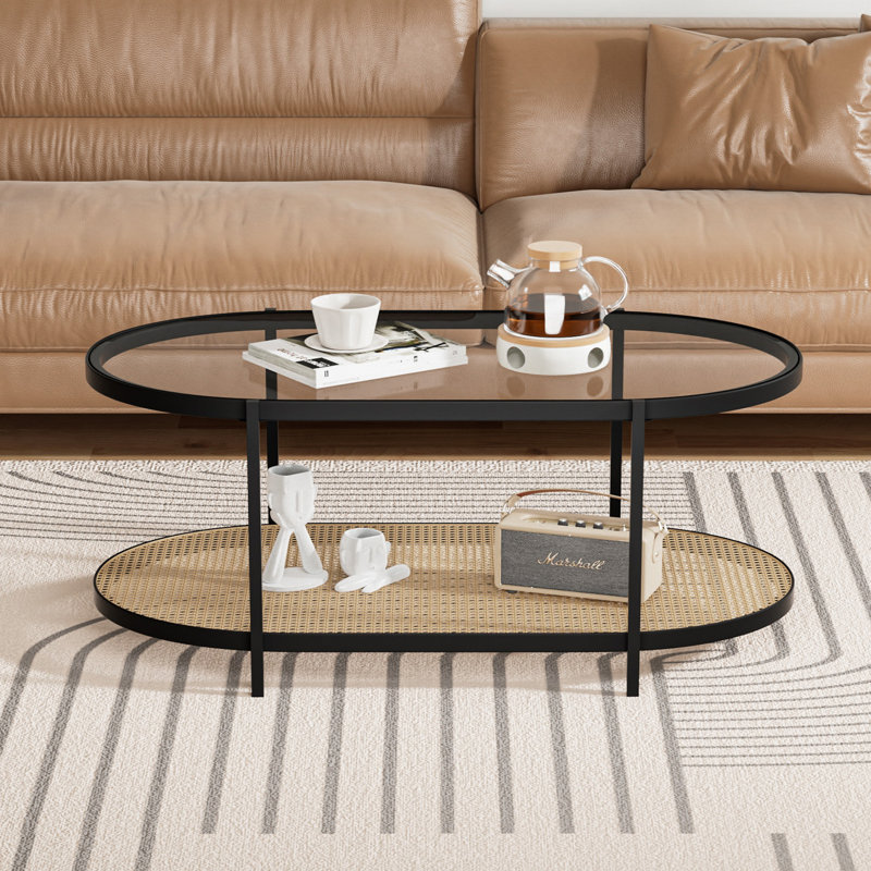 Glass Top Coffee Table with Woven Metal Shelf, Oval, 16.5" H x 35.2" L x 17.7" W