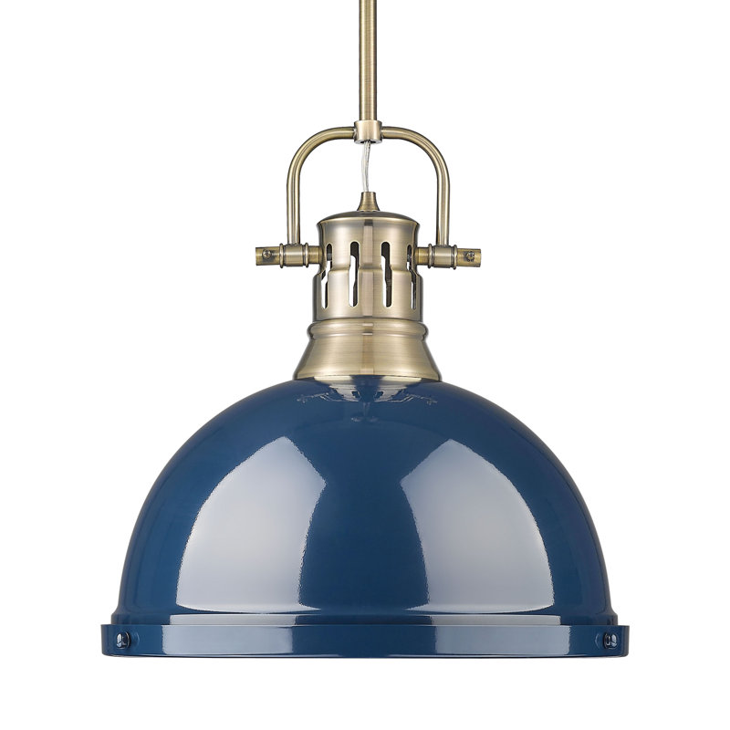 Luminaire suspendu 1 lumière avec tige Bryceton, Laiton vieilli, Bleu marine mat