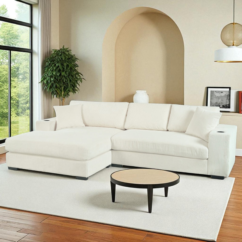111.48" Wide L-Shape Upholstered Sectional, Beige