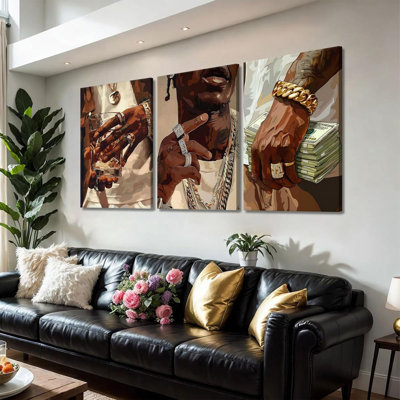 3Pcs Fashion African American Black Man Canvas Wall Art Modern Money Poster Print Pictures Hip-Hop Aesthetics Luxury Street Wall Decor Artwork For Teen Boy Room DJ Studio Home Decoration 12X16in