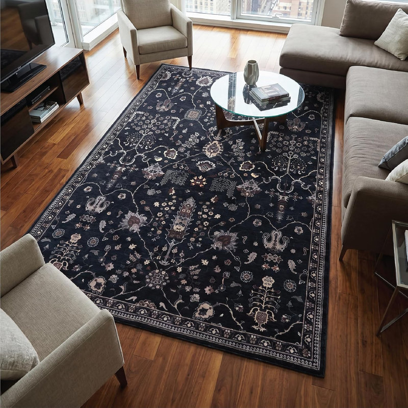 GLN Rugs Traditional Collection - Machine Washable Area Rug, Bohemian Vintage Washable Rug, Non Slip Area Rug, Low Pile Chenille Living Room Rug, Bedroom Rug, Bathroom Rug (Black Rug)