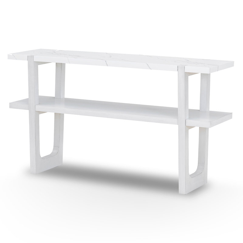 Narrow Console Table with Marble Effect Top, Retro Entryway Table with Open Shelf,Antique White
