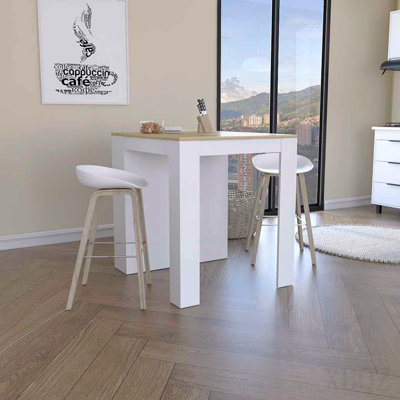 Kitchen Counter Dining Table, Two Legs, Three Side Shelves - White / Light Oak