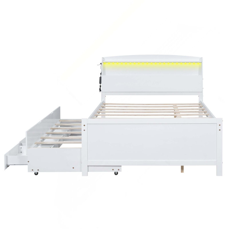 Lit plateforme avec tête de lit à DEL avec rangement, lit gigogne simple et 3 tiroirs