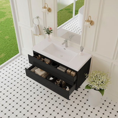 42" Floating Bathroom Vanity With Sink, Modern Wall-Mounted Bathroom Storage Vanity Cabinet With Solid Surface Top Basin And Soft Close Drawers, Espresso Wood 24V11-42EW-W1920P411903