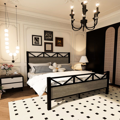 Full Size Bed Frame, Brown, Industrial Fashion, , Metal One - Piece Frame Core Structure, Headboard, , Easy Assembly For Bedroom Style, Size, Middle, Home