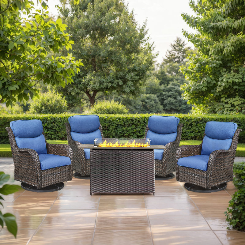 Smile 5 - Piece Outdoor Seating Group With Firepit Table With Cushions, Blue, Brown