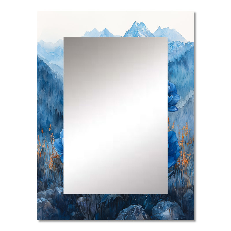 Pivoines bleues sur un sommet de montagne II - miroir décoratif pivoines, miroir mural traditionnel, impression d'art en métal
