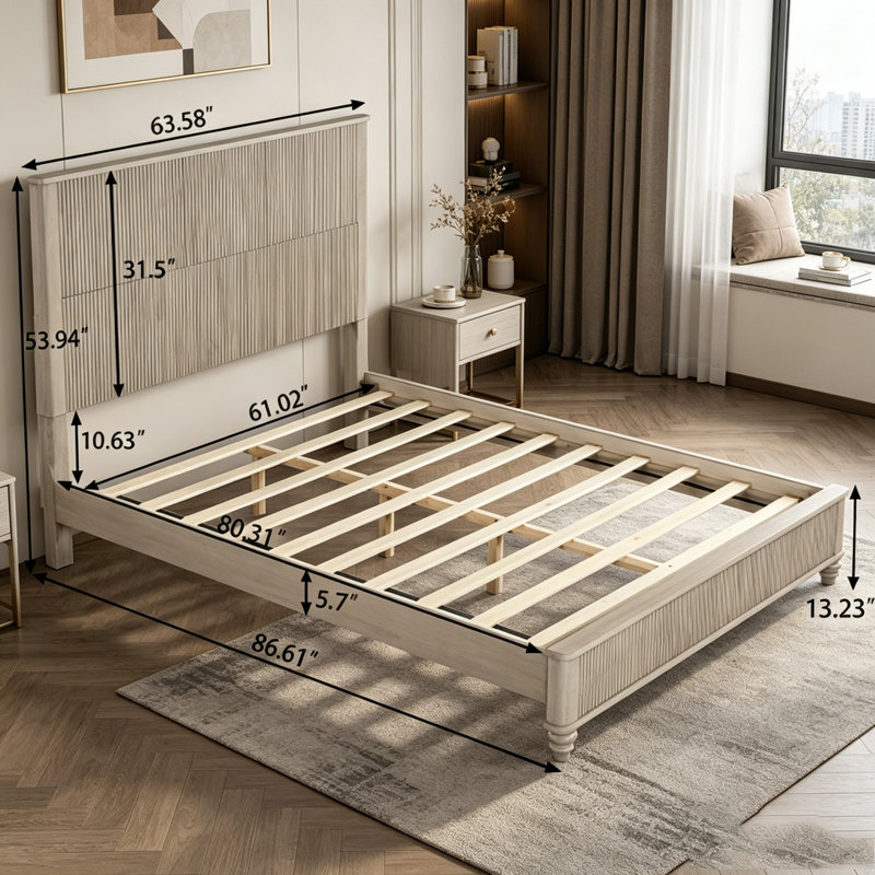 Ensemble de chambre à coucher 3 pièces avec grand lit et 2 tables de chevet, Beige, Queen