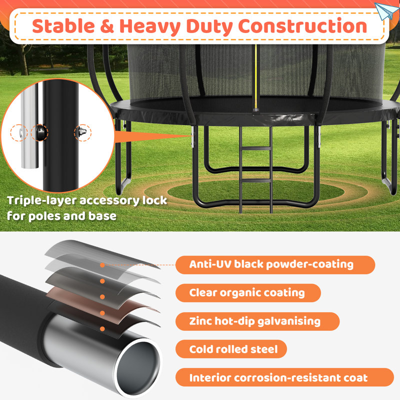 12 FT Black and Orange Outdoor Trampoline with Safety Enclosure and Ladder