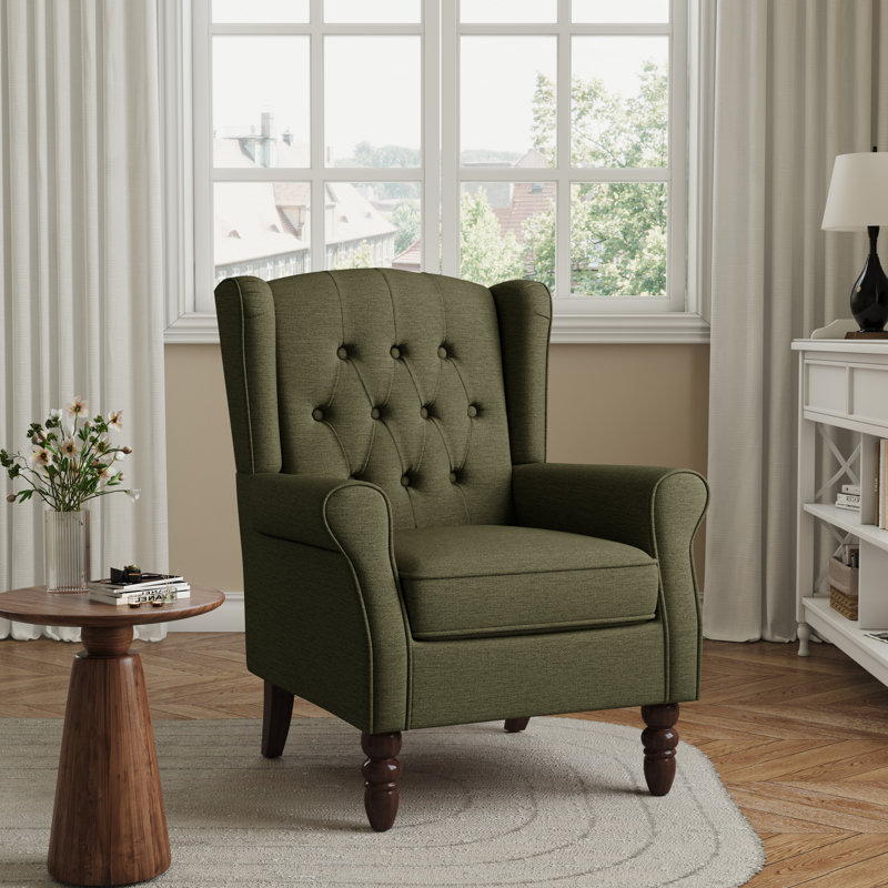 Duward 74Cm Wide Tufted Wingback Armchair with Solid Wood Legs, Green Polyester Blend