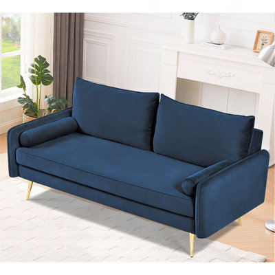 Mid-Century Velvet Sofa,Nailhead Upholstered Couch with Golden Metal Legs,Modern Large Sofa for Living Room