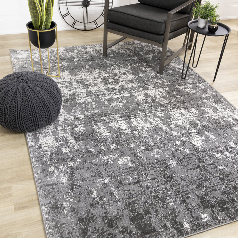 Ishant Washable Grey White Abstract Area Rug, Rectangle 5'3" x 7'7"