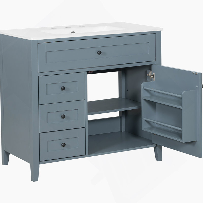 Meuble-lavabo bleu gris 36 po avec lavabo, panneau de fibres à densité moyenne moderne et bois d'hévéa avec 3 tiroirs et tablette réglable, meuble-lavabo autoportant pour le rangement et l'organisation de la salle de bain