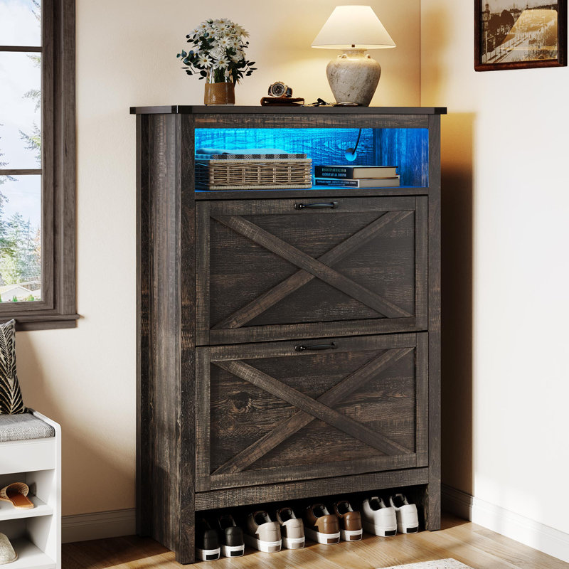 Versus Wood Tilt Out Open 24 Pair Shoe Storage Cabinet with Colorful LED Light, Charcoal Black