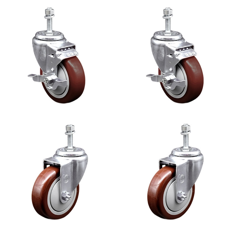 Ensemble de roulettes à tige filetée de 4 po en polyuréthane pivotant de 10 mm et 2 freins SCC