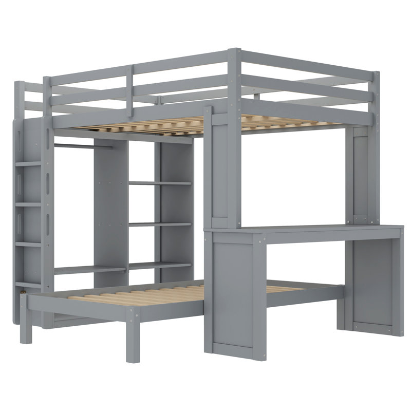 Grand lit superposé simple avec bureau, lit inférieur démontable, structure en bois massif, tablettes et garde-robe intégrées, lit mezzanine convertible, gris