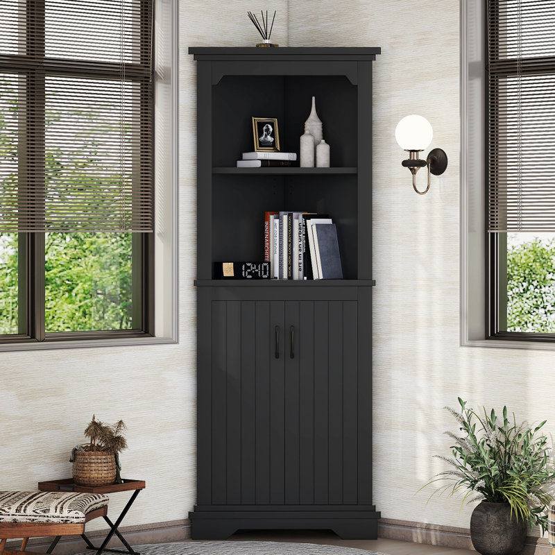 Tall Corner Cabinet With Doors For Living Room, Bathroom,Dining Room Or Kitchen,Black, Black