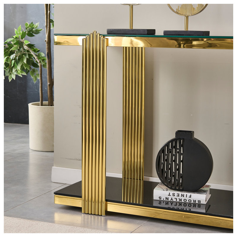 Console miroir de 140 cm avec cadre doré et plateau en verre trempé noir, meuble de rangement moderne à deux niveaux pour entrée