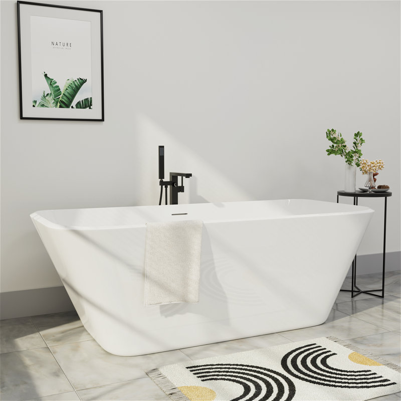 Baignoire autoportante en acrylique L 59 po x l 30 po avec drain et trop-plein chromés, conception rectangulaire antidérapante pour les salles de bain modernes et luxueuses