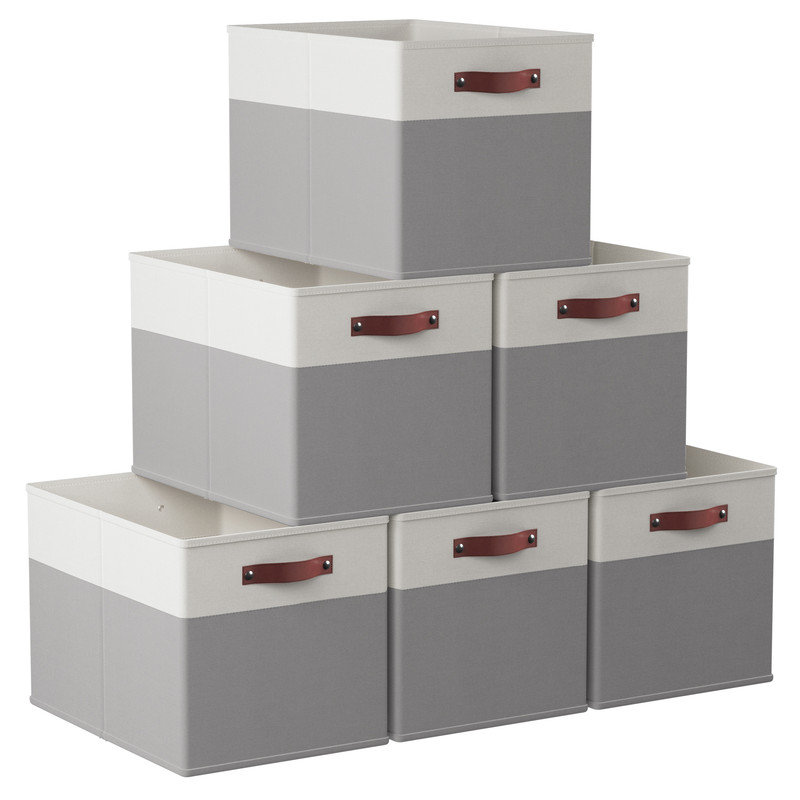 Ebern Designs Fabric Decorative Bin, White/Gray, 11" H x 11" W x 11" D