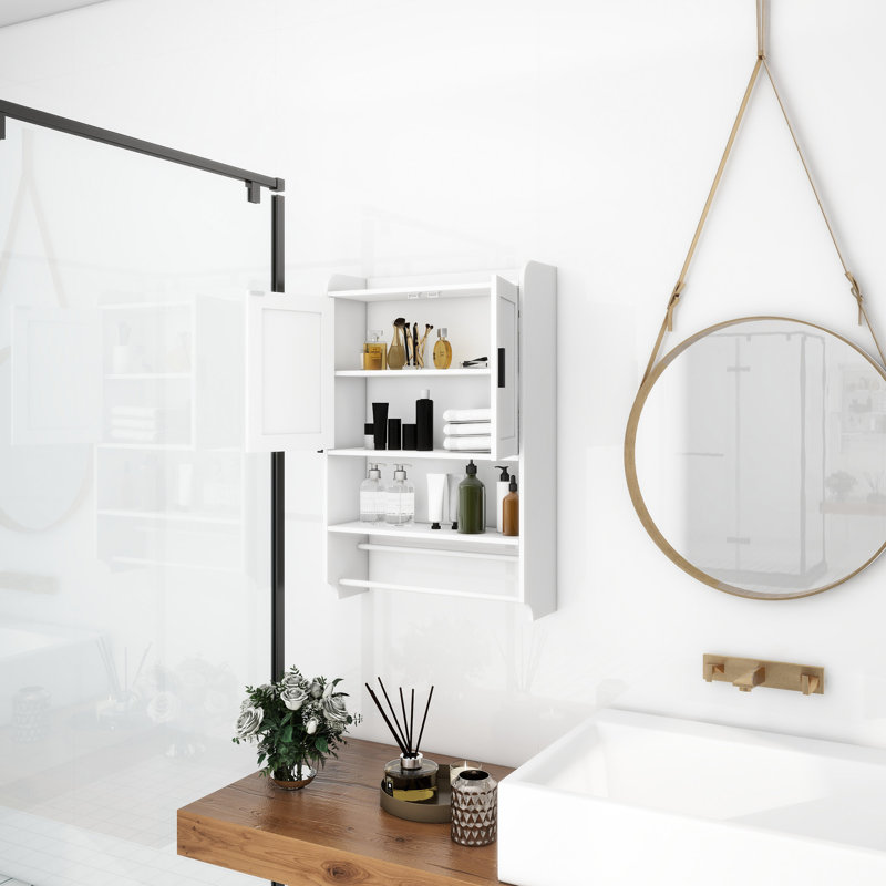 Armoire de salle de bain murale blanche, tablettes réglables, barre à serviettes et porte-papier au-dessus de la boîte de toilette, support de rangement blanc