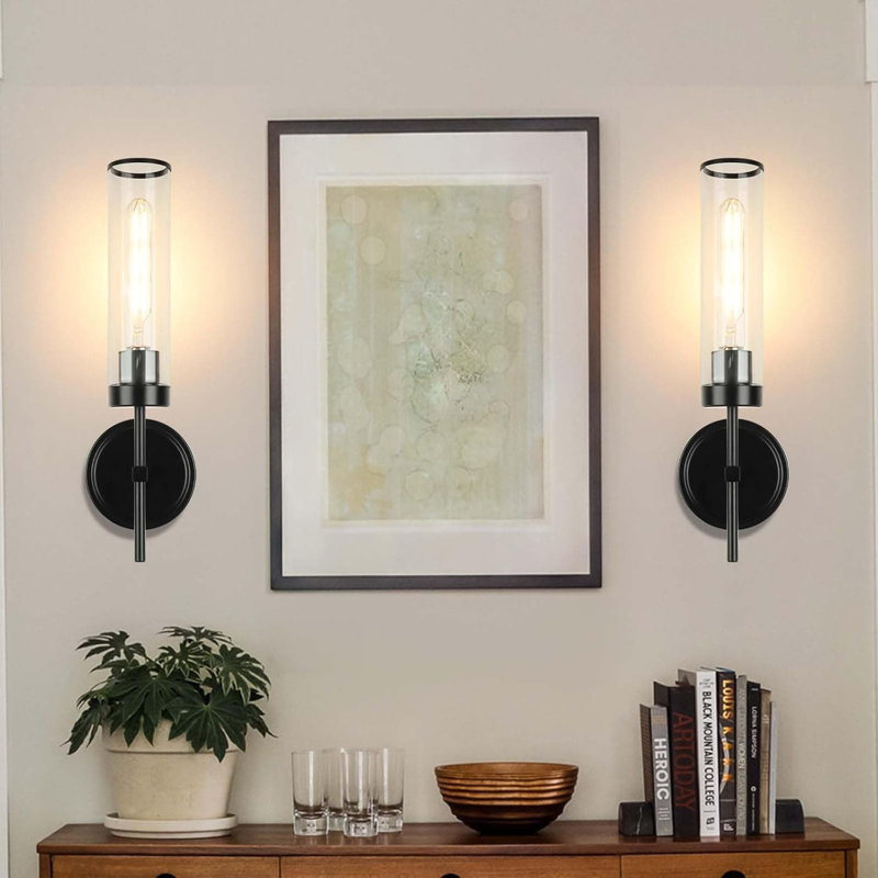 Modern Wall Sconces Set Of 2, 16-Inch Black Iron Bathroom Lighting With Clear Glass Shade, Hardwired Fixture For Bedroom, Living Room, Corridor, Mirror, Stairs, Holds 60W E26 Bulb (Not Included)
