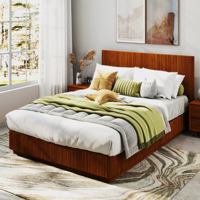 61" Queen-Size Modern Fluted Design Bed Frame with Wooden Slats