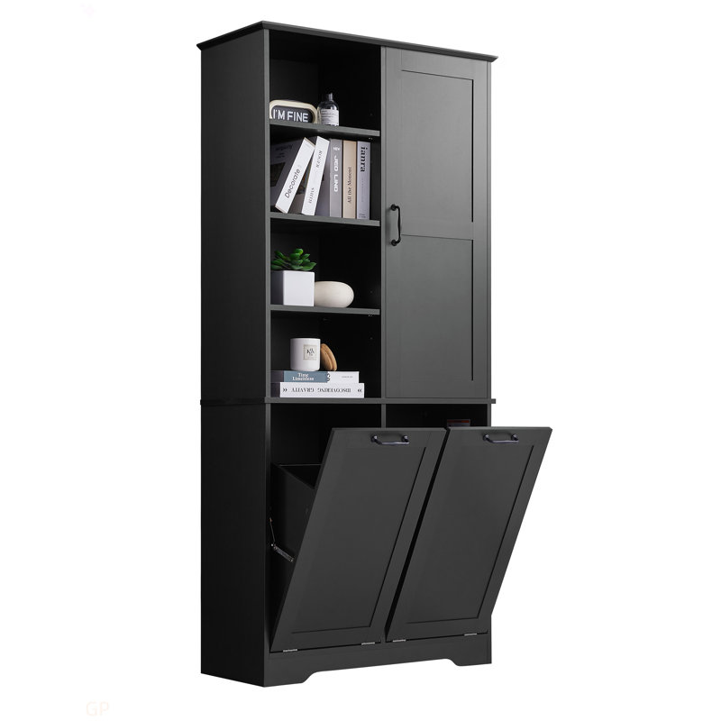 Armoire de rangement pour salle de bain avec portes et tiroirs, panier à linge inclinable, plusieurs espaces de rangement, style autoportant, tablette ouverte, tablette réglable, noir