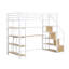 Lit mezzanine simple en métal avec escalier, bureau intégré et tablettes de rangement, blanc compact