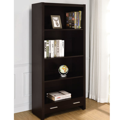 Four-shelf Bookcase With Cappuccino Finish And Storage Drawer, Contemporary Style, Construction, Closed Back 4-shelf Lower Smooth Metal Glides, Design, Office Furniture Selection