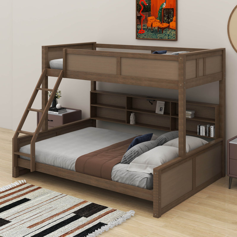 Lit simple superposé au-dessus de grand lit simple avec armoires et port USB, Bois antique