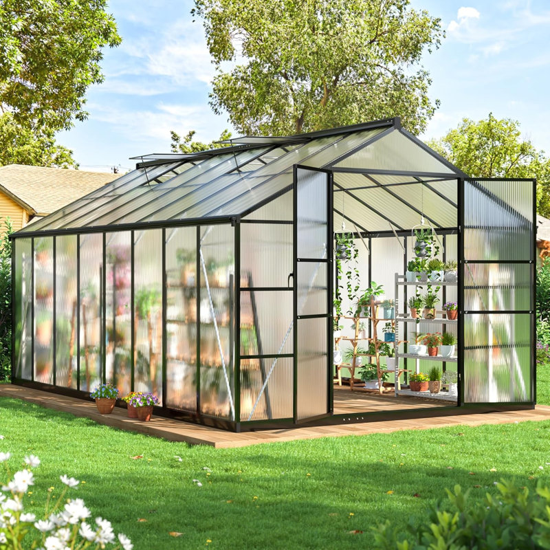 10 ft. x 16 ft. Walk-In Polycarbonate Greenhouse with Roof Vent, Black, 10x16 FT