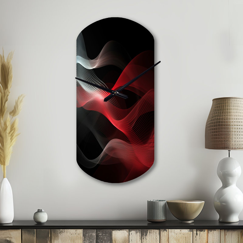 Horloge murale abstraite rouge et noire Contemplative II - Vagues, Petit