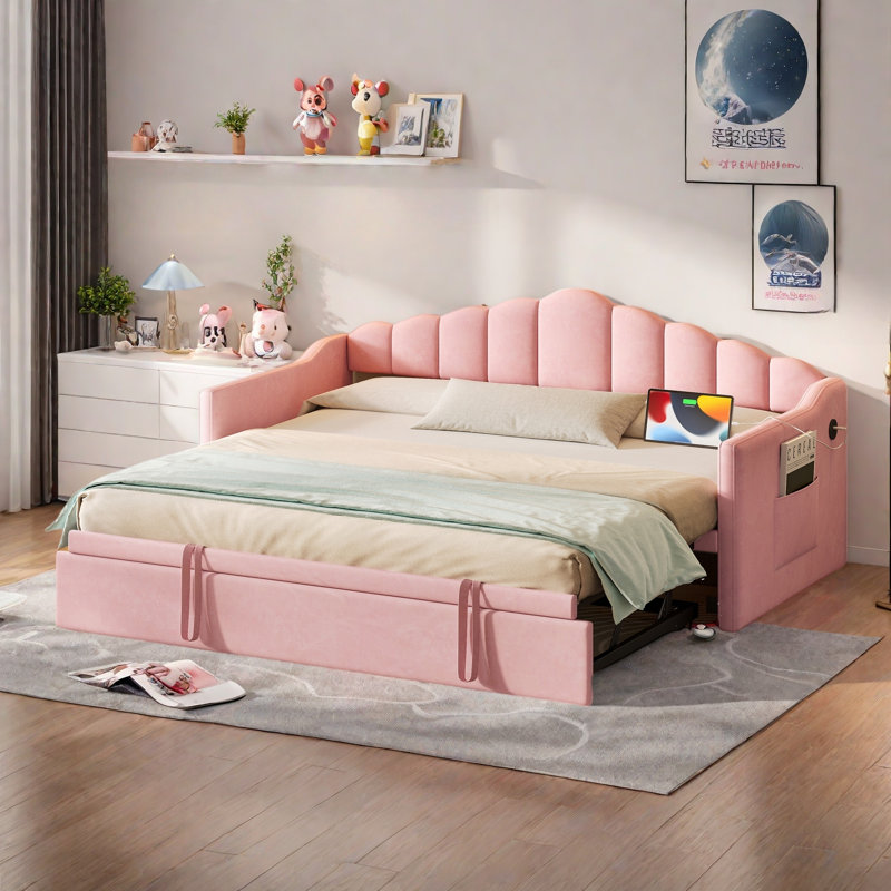 Upholstered Daybed With Pop Up Trundle, Charging Ports, 2 Side Pockets And Curved Backrest Design, Pink