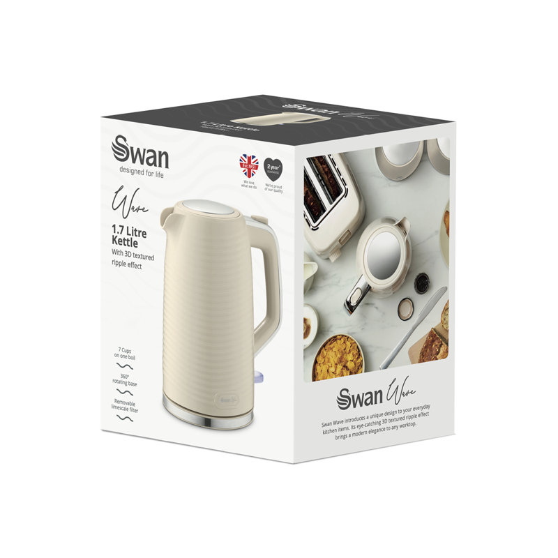 Swan SK19034 Wave Cordless Kettle, Fast Boil, Boil Dry Protection and Automatic Shut-Off, 360-Degree Base, Removable Limescale Filter, 1.7 Litres, 3000W