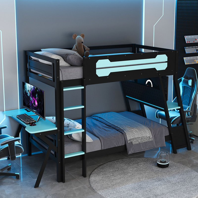 Lit superposé avec deux bureaux de jeu intégrés, ports de bureau USB et organisateur de panneau perforé, cadre de jeu pour joueur