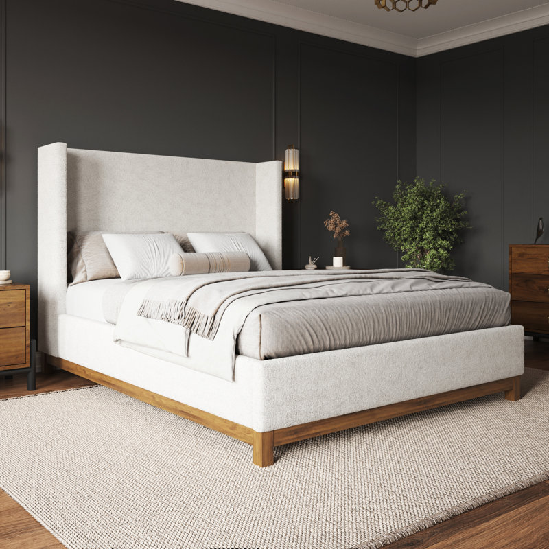 Magar Upholstered Wingback Solid Wood Bed Frame, King