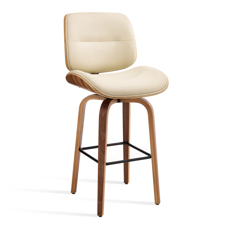 Swivel Upholstered Bar Stool with Solid Wood Frame, Beige