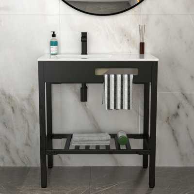 32" X 18.5" Bathroom Ceramic Console Sink With Overflow & Black Legs