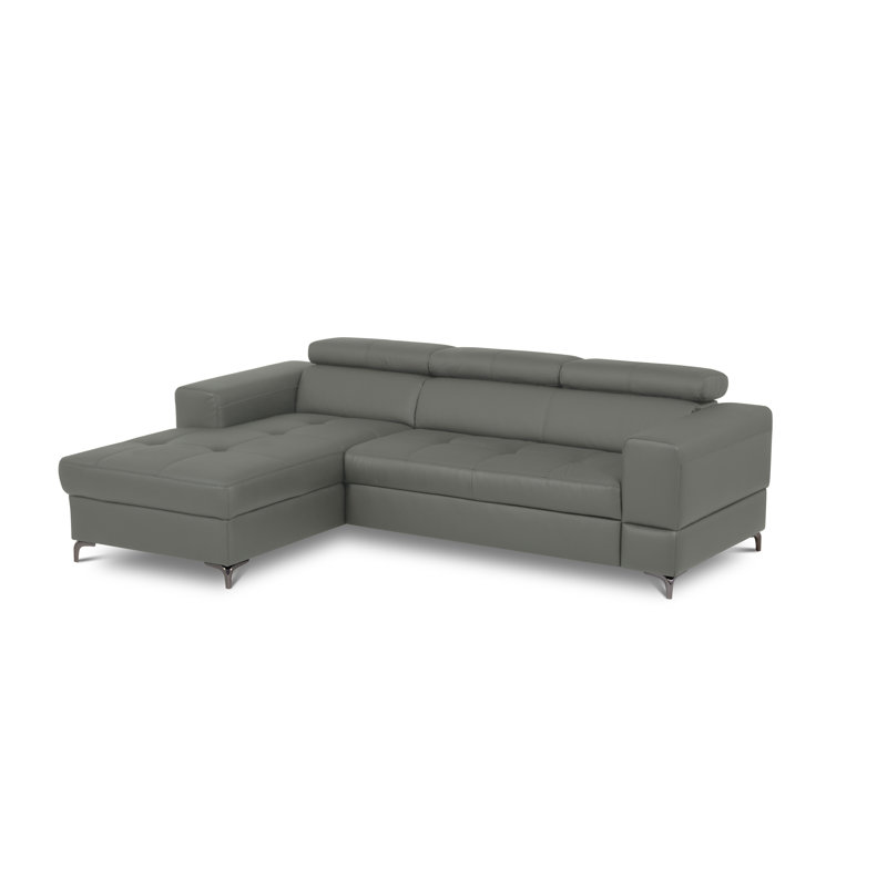 Tinos Genuine Leather Corner Sofa with Pull Out Bed with Storage and Adjustable Headrests, Left Hand Facing, Grey